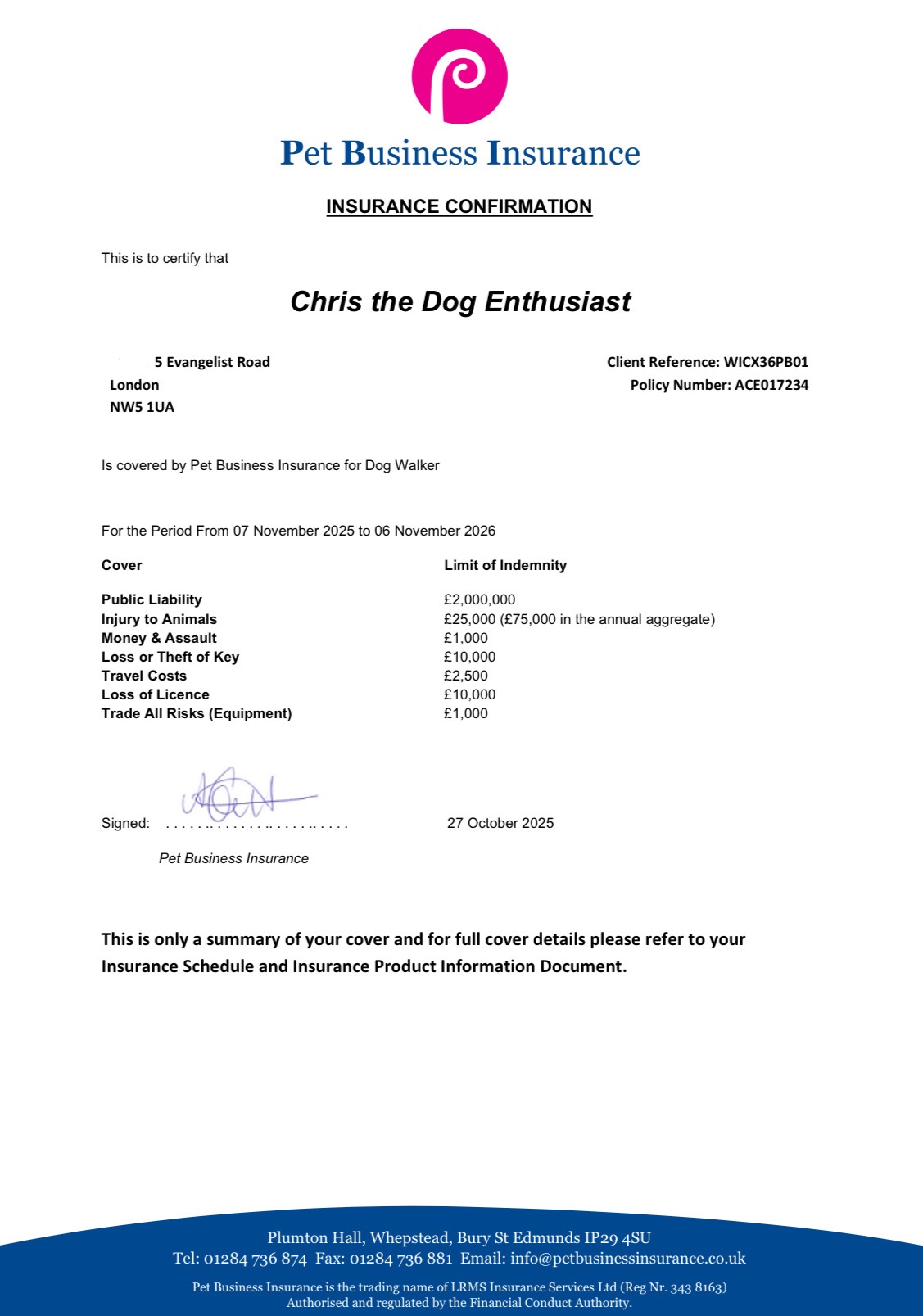Pet Business Insurance — £2,000,000 Public Liability