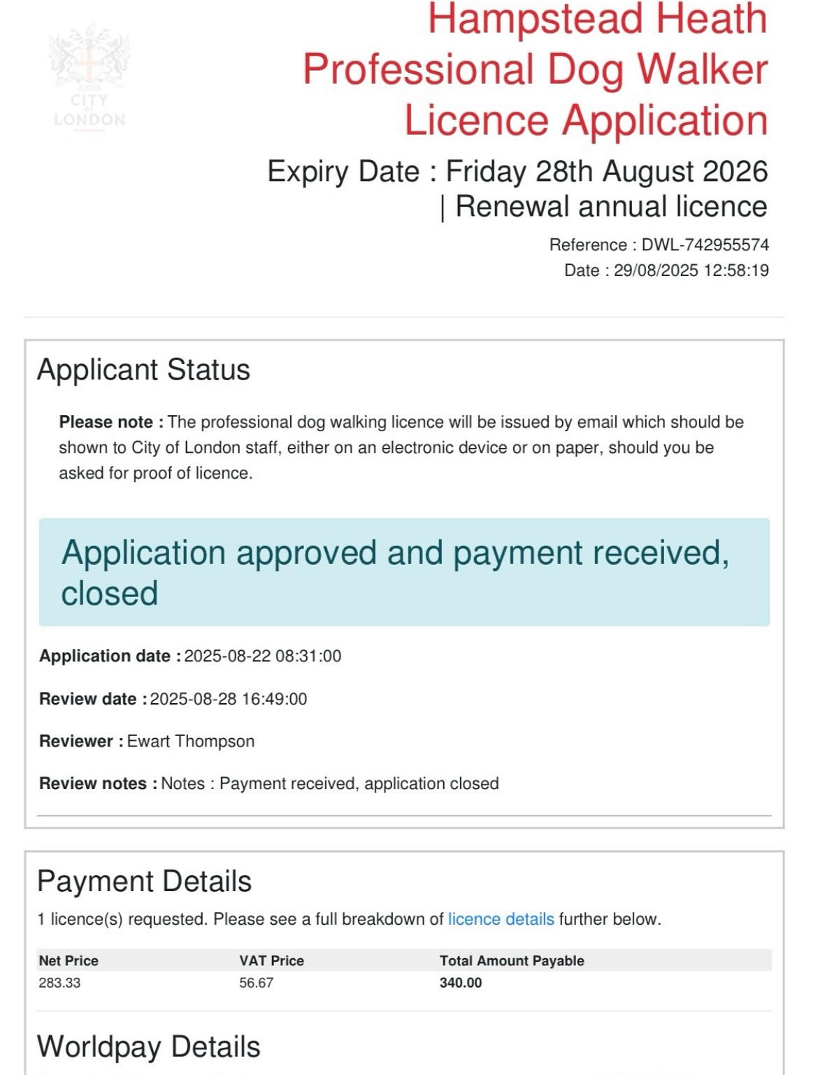 Professional Dog Walker Licence — City of London Corporation